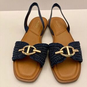 Aldo Goassi Slingback Sandals Womens 6.5 EU 37 Navy Blue Raffia Open Toe‎ NEW